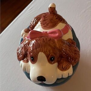 Adorable 1988 Ceramic Dog Treat or Cookie  Jar with Pink Bow